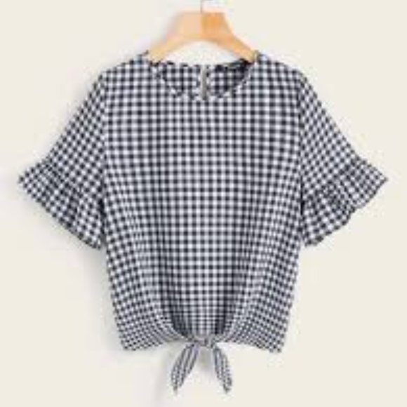 SHEIN Tops - 3/$30 SHEIN Ruffle Cuff Tie Hem Plaid Top Large
